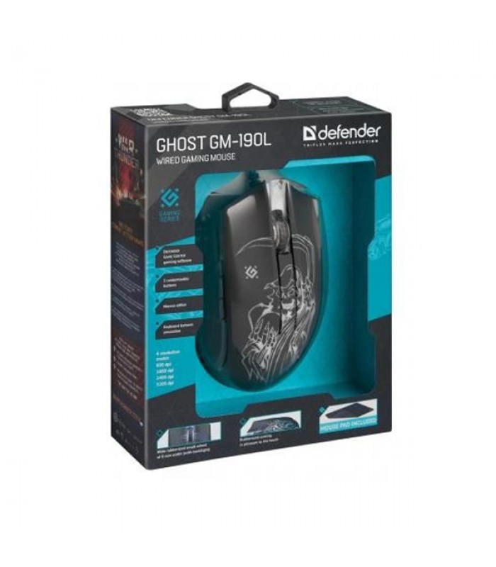 Мишка Defender Ghost GM-190L чорна дротова з підсвічуванням Мишка Defender Ghost GM-190L чорна дротова з підсвічуванням